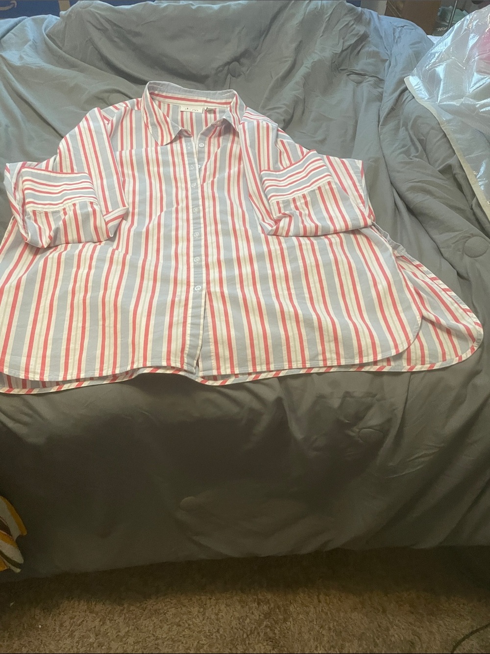 Women’s Collared Button-Down Blouse in White & Pink Stripe